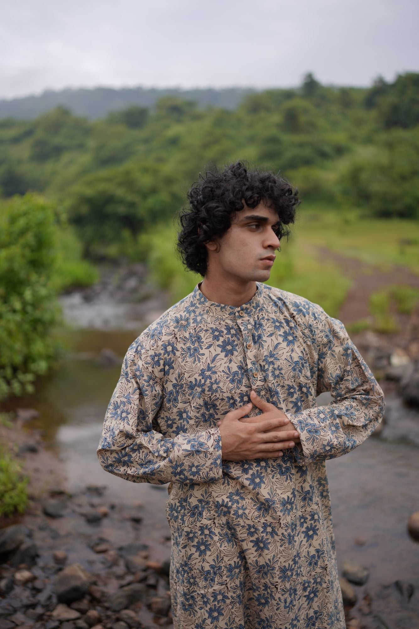 Hasttvam White ajrakh with blue floral Mens Kurta