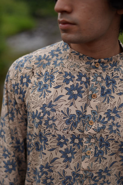 Hasttvam White ajrakh with blue floral Mens Kurta